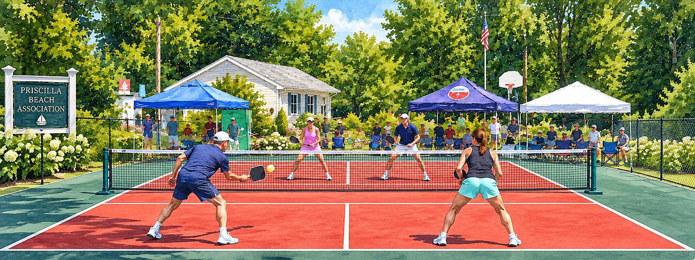Four players playing pickleball at the PBA clubhouse courts.